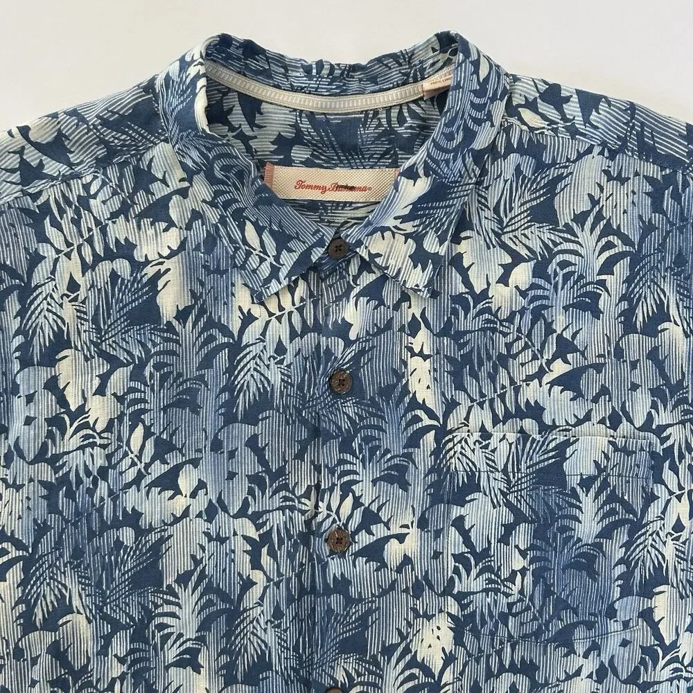 Tommy Bahama Mens 100% Linen Shirt Hawaiian Blue Short Sleeve Size XLX Button Up